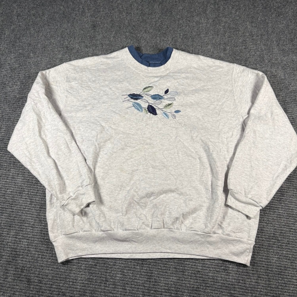 Vtg Top Stitch Sweatshirt Womens XL Gray Good Embroidered Leaves Double Neck